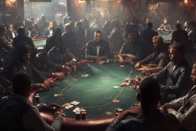 Ilustrasi realistis poker online di Win11bet dengan meja ramai pemain, kartu, dan chip poker