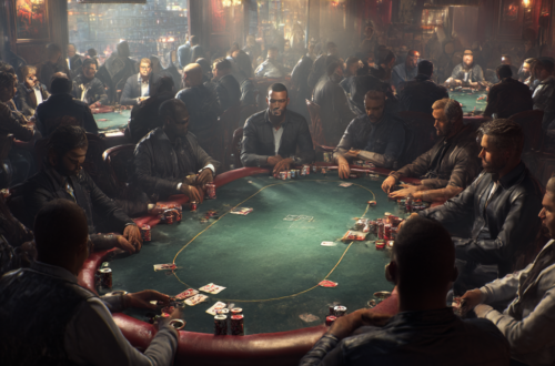 Ilustrasi realistis poker online di Win11bet dengan meja ramai pemain, kartu, dan chip poker