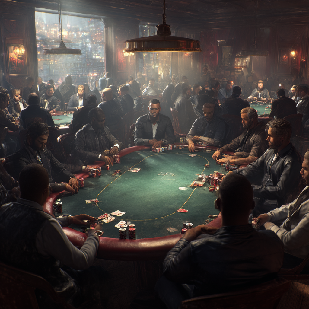 Ilustrasi realistis poker online di Win11bet dengan meja ramai pemain, kartu, dan chip poker