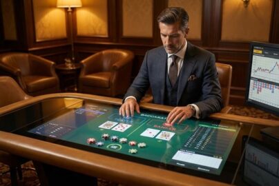 Pemain kasino online bermain di meja digital dengan kartu dan chip