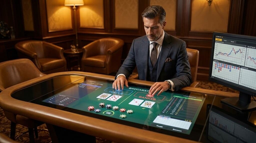 Pemain kasino online bermain di meja digital dengan kartu dan chip