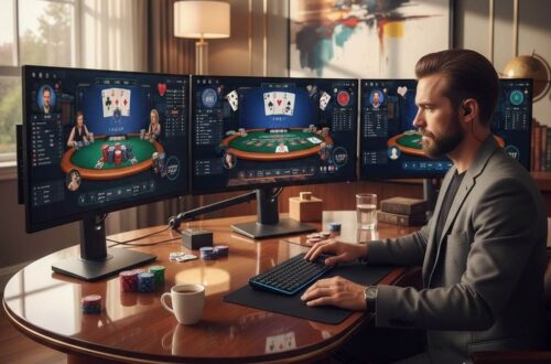 Pemain profesional sedang bermain kartu online di 12hoki, fokus pada poker, blackjack, dan baccarat dengan chip dan kartu, suasana realistis dan profesional