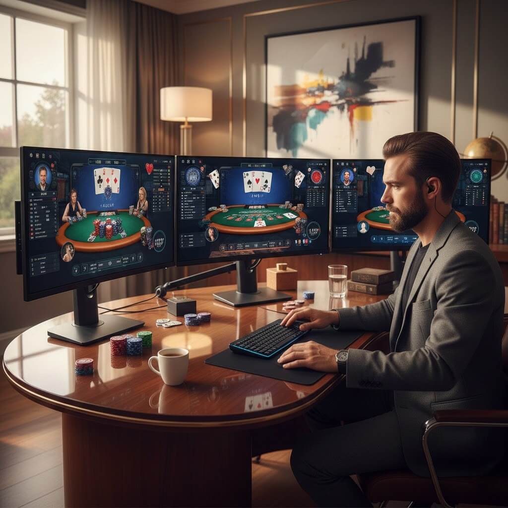 Pemain profesional sedang bermain kartu online di 12hoki, fokus pada poker, blackjack, dan baccarat dengan chip dan kartu, suasana realistis dan profesional