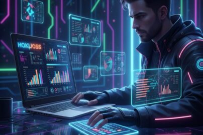 Pemain togel online Hokijoss menganalisis angka menggunakan laptop dengan grafik dan tabel data digital