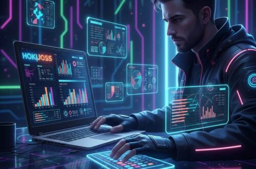 Pemain togel online Hokijoss menganalisis angka menggunakan laptop dengan grafik dan tabel data digital