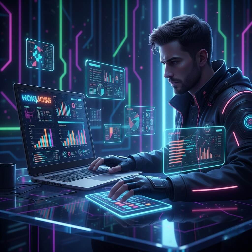 Pemain togel online Hokijoss menganalisis angka menggunakan laptop dengan grafik dan tabel data digital