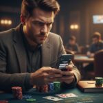 Pemain poker fokus mengelola bankroll dengan kartu dan chip di meja menggunakan Hokiku88 Login