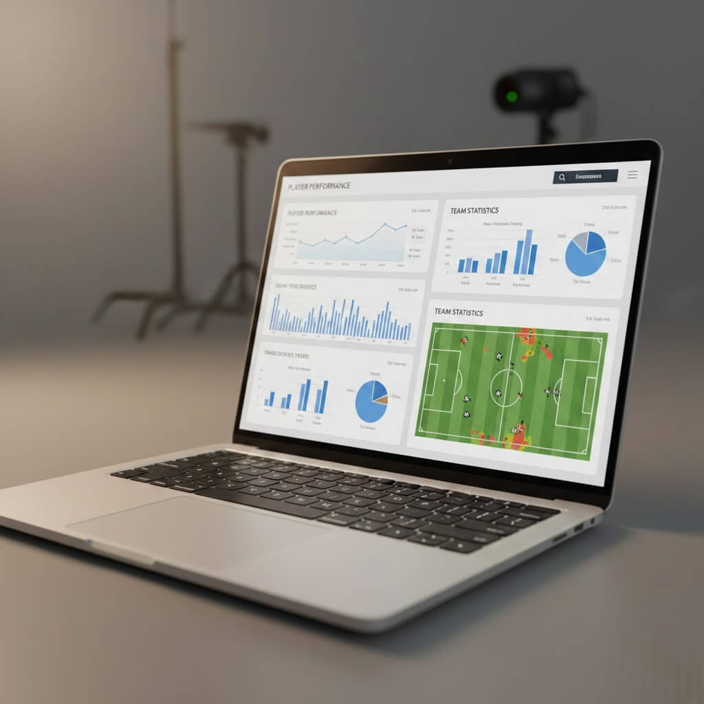 Bettor profesional menganalisis pertandingan sepak bola di laptop dengan grafik statistik di layar