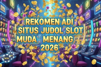 Kasino digital modern dengan mesin slot berwarna-warni dan koin emas melayang, mewakili artikel "Rekomendasi Situs Judol Slot Mudah Menang 2026"